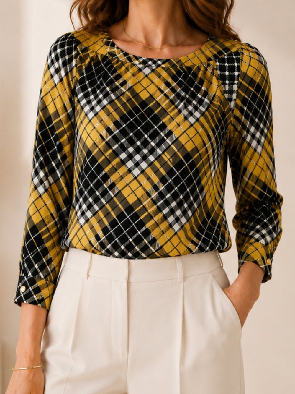 Alice + Trixie Plaid Silk Blouse Yellow Black White Graphic Print Size Small